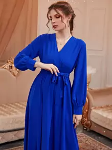 Modelyn Solid Surplice Neck Belted Dress - Royal Blue - View 5