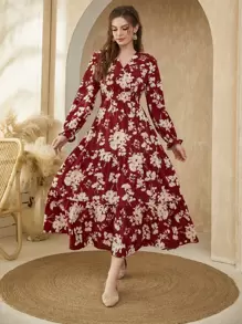 Al Najma Vestido con volantes en el bajo y mangas con pliegues en estampado floral color rojo burdeos - Burdeos - Ver 1