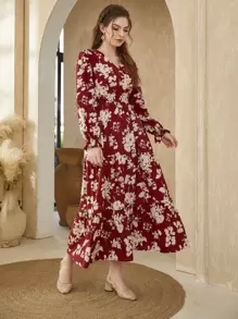 Al Najma Vestido con volantes en el bajo y mangas con pliegues en estampado floral color rojo burdeos - Burdeos - Ver 4