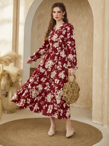 Al Najma Vestido con volantes en el bajo y mangas con pliegues en estampado floral color rojo burdeos - Burdeos - Ver 5