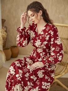 Al Najma Vestido con volantes en el bajo y mangas con pliegues en estampado floral color rojo burdeos - Burdeos - Ver 6