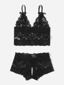 Floral Lace Cut-out Lingerie Set - Black - View 2