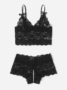 Floral Lace Cut-out Lingerie Set - Black - View 4