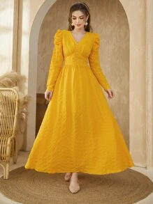 Mulvari 羊腿袖A字連衣裙 - 黃色 - 查看 3