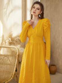 Mulvari 羊腿袖A字連衣裙 - 黃色 - 查看 4