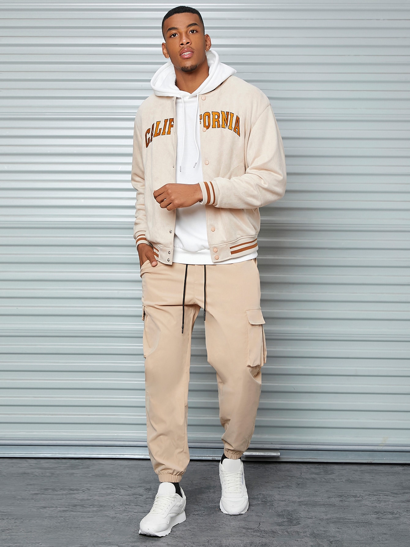 SHEIN Men Striped Trim Letter Embroidered Suedette Varsity Jacket