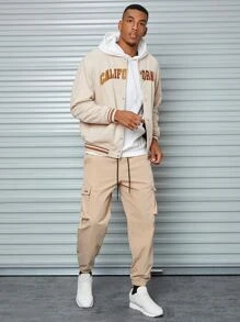 Manfinity RebelGame Men Striped Trim Letter Embroidered Suedette Varsity Jacket - Beige - View 4