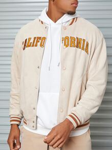 Manfinity RebelGame Men Striped Trim Letter Embroidered Suedette Varsity Jacket - Beige - View 6