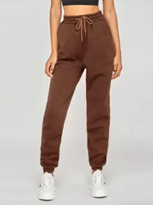 SHEIN Tall Slant Pockets Drawstring Waist Joggers - Brown - View 1