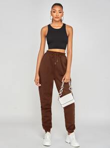 SHEIN Tall Slant Pockets Drawstring Waist Joggers - Brown - View 3