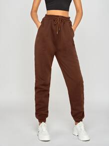 SHEIN Tall Slant Pockets Drawstring Waist Joggers - Brown - View 4