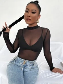 SHEIN SXY Mock Neck See Through Mesh Top & Bra - Black - View 1