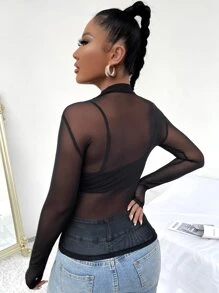 SHEIN SXY Mock Neck See Through Mesh Top & Bra - Black - View 2