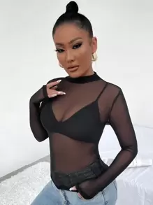 SHEIN SXY Mock Neck See Through Mesh Top & Bra - Black - View 3