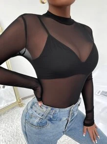 SHEIN SXY Mock Neck See Through Mesh Top & Bra - Black - View 4