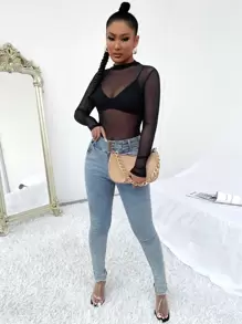 SHEIN SXY Mock Neck See Through Mesh Top & Bra - Black - View 5