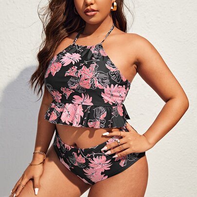 Plus Floral Print Ruffle Hem Bikini Swimsuit