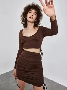 SHEIN EZwear Ruched Bust Crop Top & Drawstring Skirt Set - Chocolate Brown - View 1