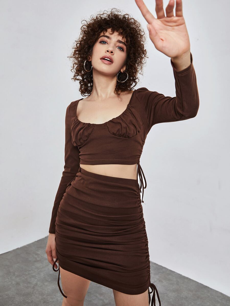 SHEIN EZwear Ruched Bust Crop Top & Drawstring Skirt Set - Chocolate Brown - View 1