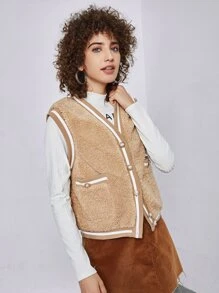 SHEIN EZwear Button Through Shearling Jacket - Camel - View 1