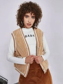 SHEIN EZwear Button Through Shearling Jacket - Camel - View 3