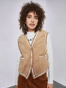 SHEIN EZwear Button Through Shearling Jacket - Camel - View 4