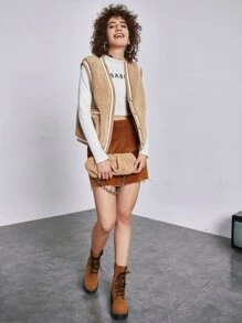 SHEIN EZwear Button Through Shearling Jacket - Camel - View 5