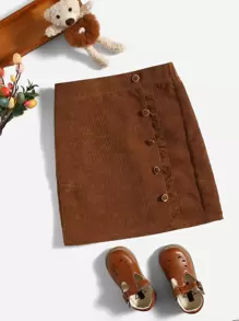 SHEIN Váy Gái viền lá sen Dây kéo Nút phía trước màu trơn Dễ thương - màu nâu - Xem 1