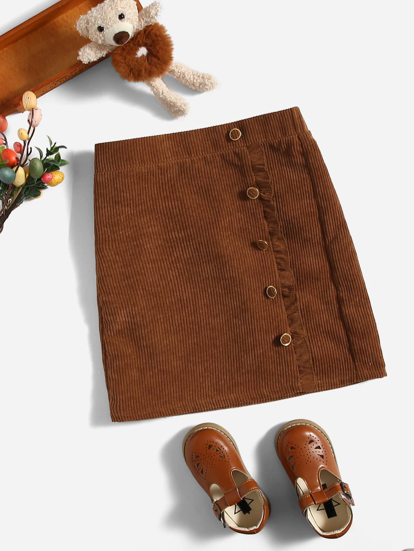 SHEIN Váy Gái viền lá sen Dây kéo Nút phía trước màu trơn Dễ thương - màu nâu - Xem 1
