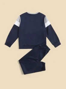 SHEIN Boys Letter Graphic Colorblock Pullover And Joggers Set - Navy Blue - View 2