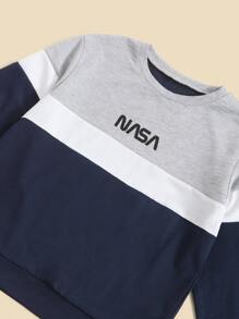 SHEIN Boys Letter Graphic Colorblock Pullover And Joggers Set - Navy Blue - View 3