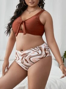 Conjunto de bikini de talla grande con patrón fluido y nudo para verano en la playa - Multicolor - Ver 4