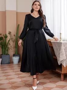 Plus V Neck Puff Sleeve Belted Satin Dress - Black - View 1