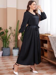 Plus V Neck Puff Sleeve Belted Satin Dress - Black - View 5