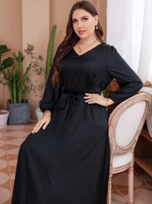 Plus V Neck Puff Sleeve Belted Satin Dress - Black - View 6