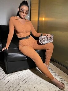 Ruched Ribbed Knit Unitard Jumpsuit Without Belt - Brown - View 3