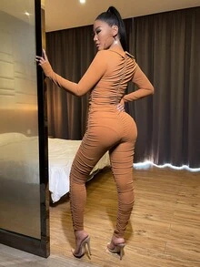 Ruched Ribbed Knit Unitard Jumpsuit Without Belt - Brown - View 2