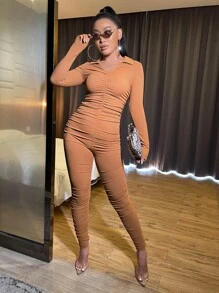 Ruched Ribbed Knit Unitard Jumpsuit Without Belt - Brown - View 1