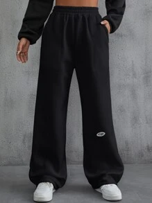 INAWLY Letter Patched Detail Slant Pockets Joggers - Black - View 1