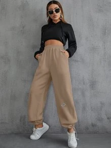 INAWLY Letter Patched Detail Slant Pockets Joggers