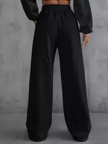 INAWLY Letter Patched Detail Slant Pockets Joggers - Black - View 2