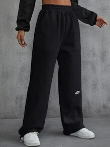 INAWLY Letter Patched Detail Slant Pockets Joggers - Black - View 3