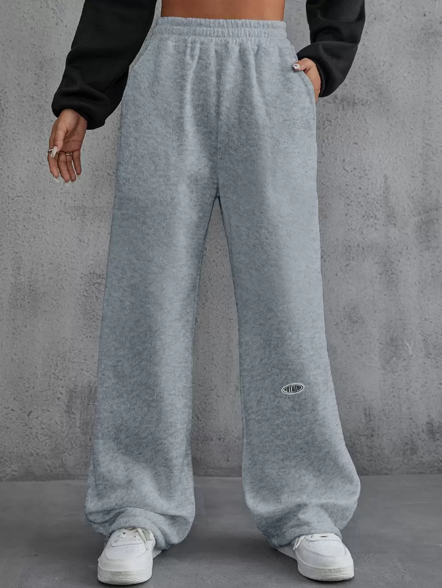 SHEIN EZwear Pantalones deportivos con parche de letra con diseño con bolsillos oblicuos - Gris - Ver 1