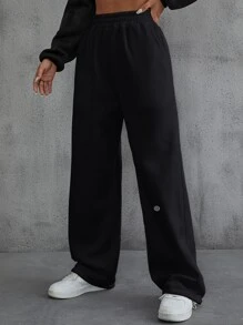 INAWLY Letter Patched Detail Slant Pockets Joggers - Black - View 4