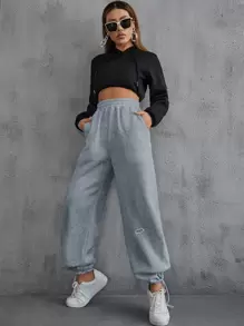 SHEIN EZwear Pantalones deportivos con parche de letra con diseño con bolsillos oblicuos - Gris - Ver 4