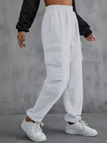 SHEIN EZwear 側翻蓋口袋素色衛褲 - 白色 - 查看 1