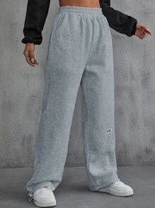 SHEIN EZwear Pantalones deportivos con parche de letra con diseño con bolsillos oblicuos - Gris - Ver 3