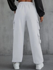 SHEIN EZwear 側翻蓋口袋素色衛褲 - 白色 - 查看 5