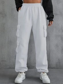 SHEIN EZwear 側翻蓋口袋素色衛褲 - 白色 - 查看 6