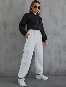 SHEIN EZwear 側翻蓋口袋素色衛褲 - 白色 - 查看 3